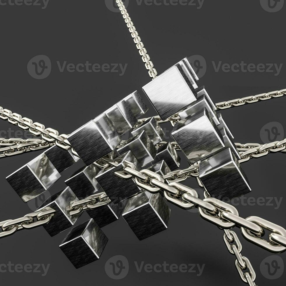 Metal chains and cubes background, 3d rendering. photo