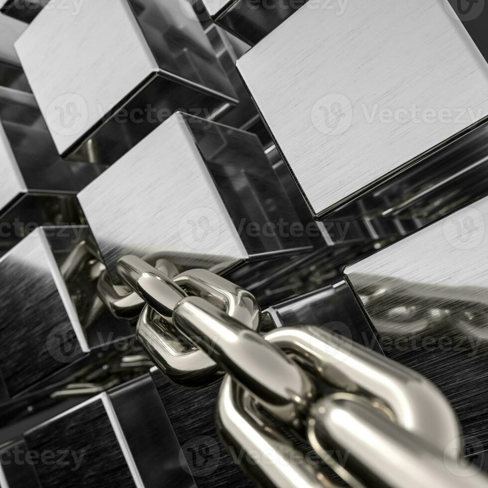 Metal chains and cubes background, 3d rendering. photo