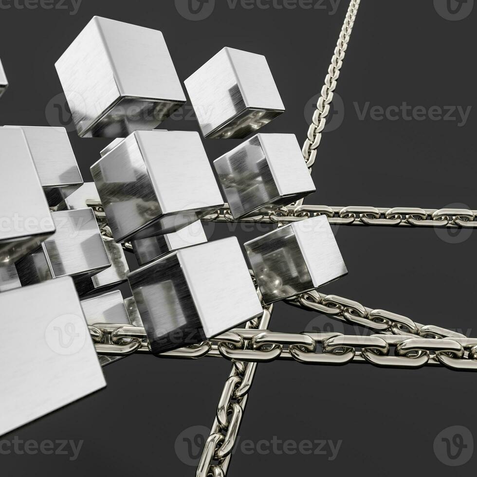 Metal chains and cubes background, 3d rendering. photo