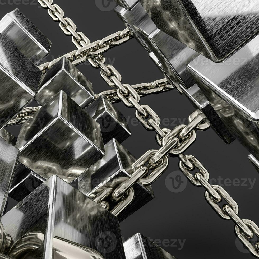 Metal chains and cubes background, 3d rendering. photo