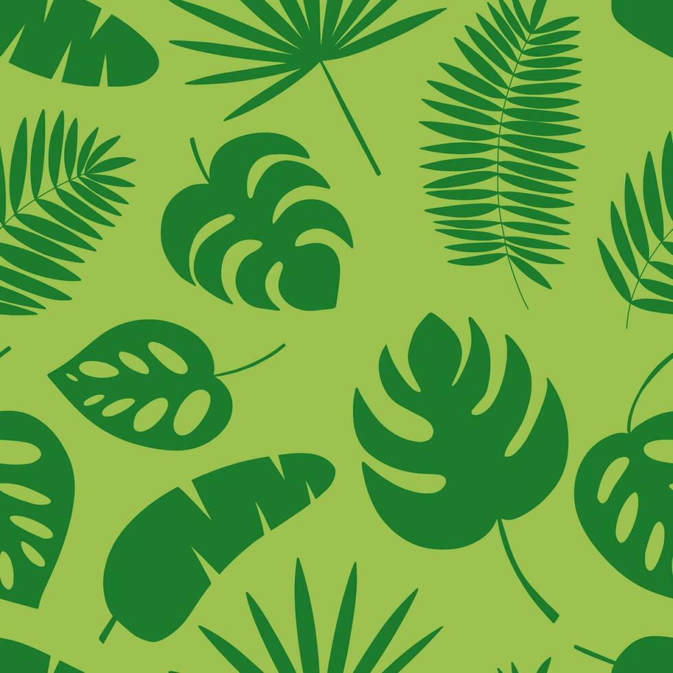 Tropical leaves silhouette seamless pattern. Different exotic tropical leaves on green background. Monstera leaf, fan palm and banana leaf vector