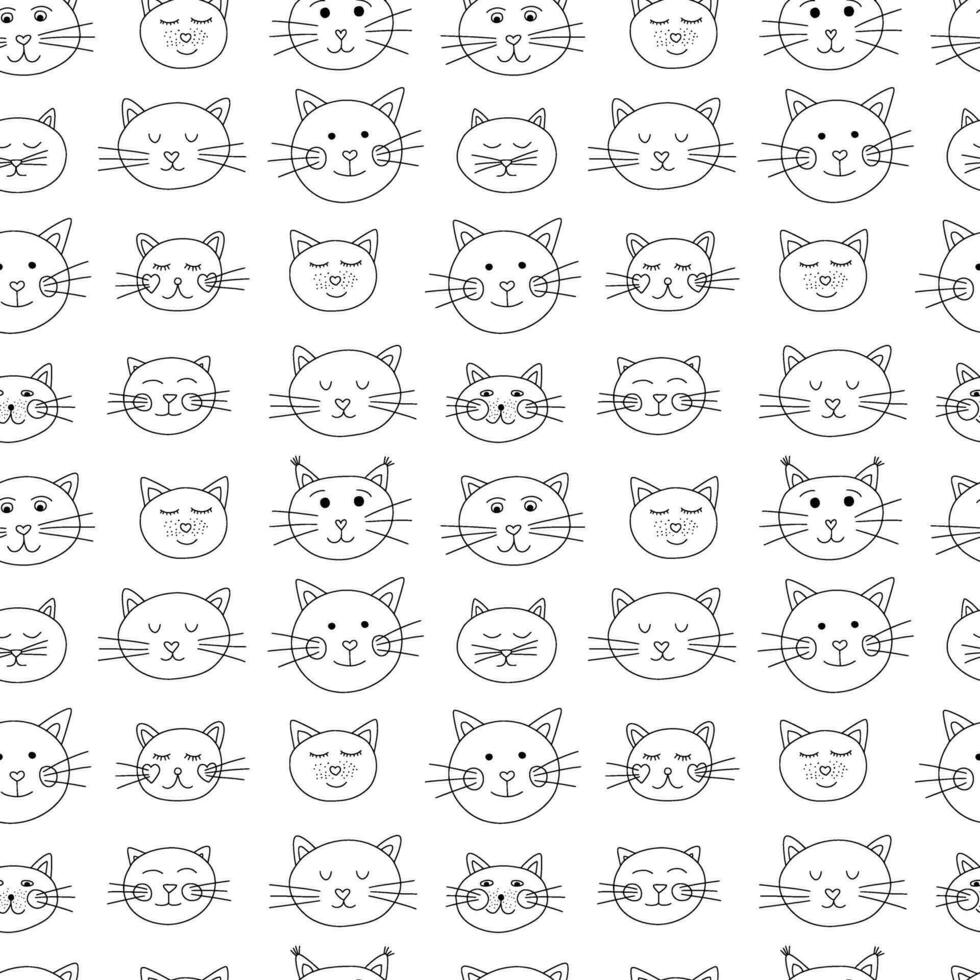 Cats faces seamless pattern. Vector hand drawn cat characters pattern