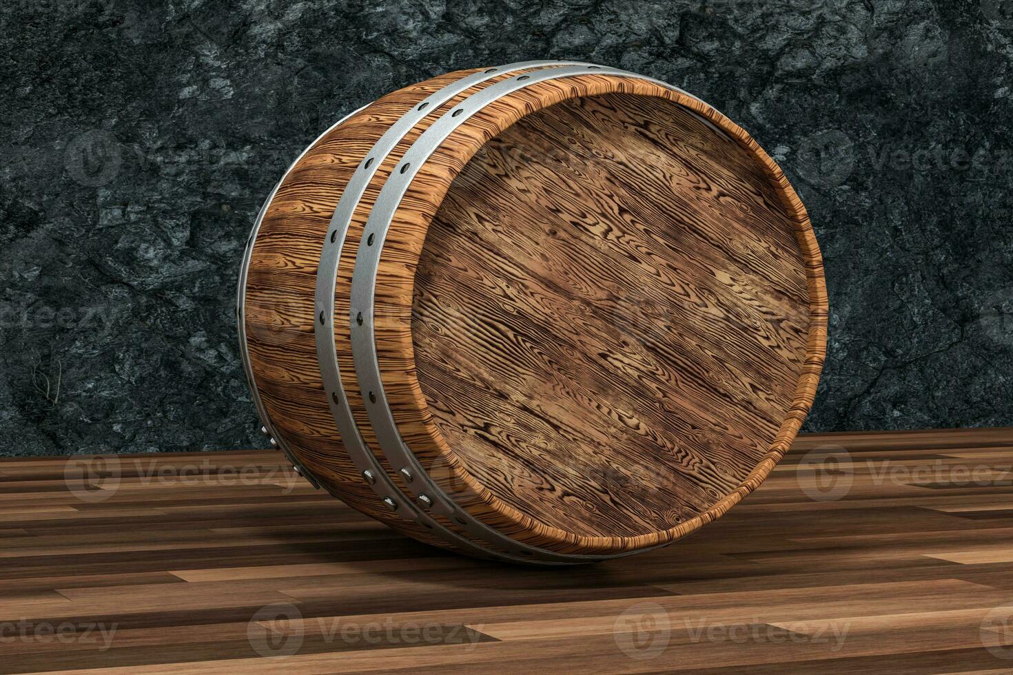 Wooden winery barrel with dark rust background, 3d rendering photo