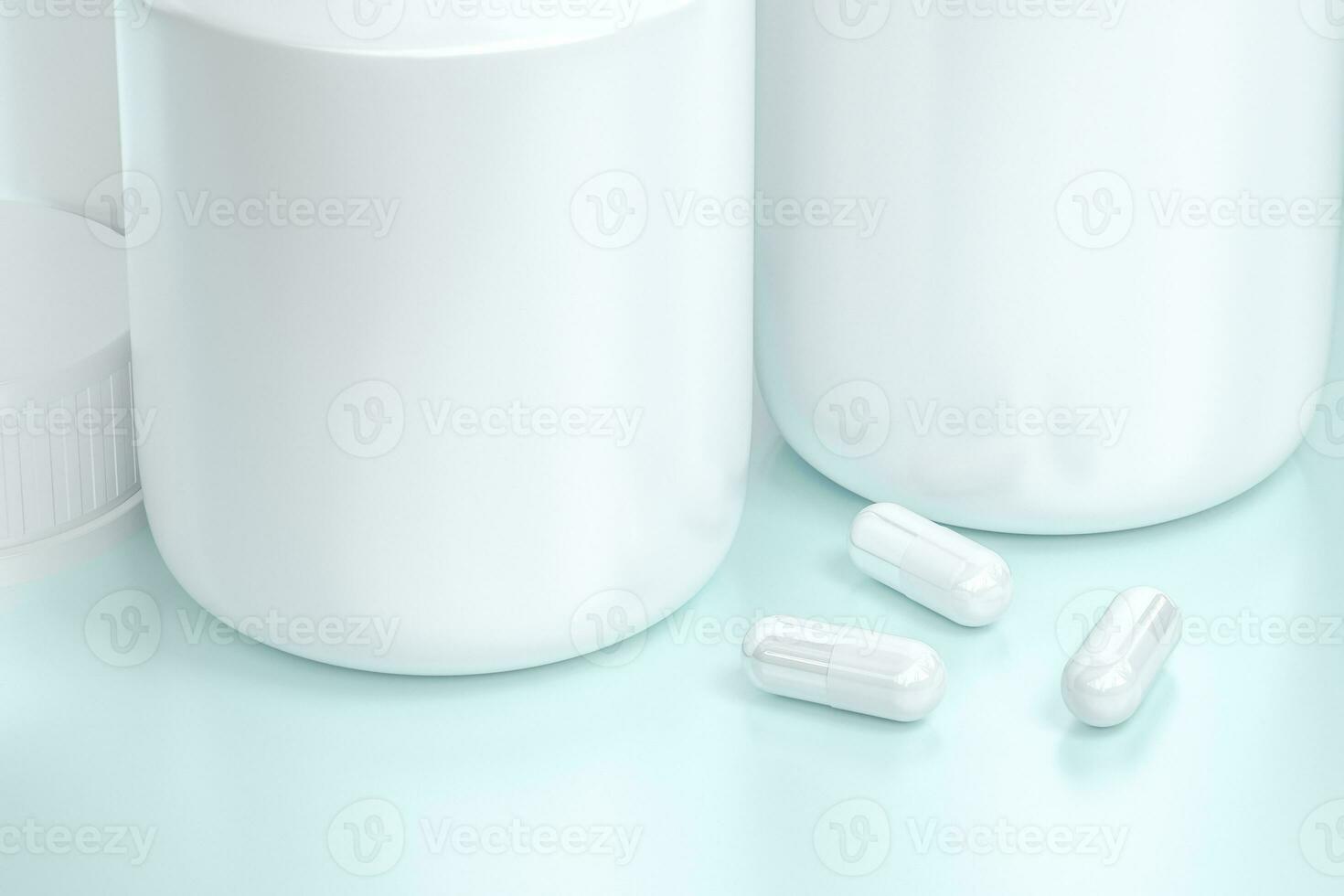 3d rendering, white medicine bottle with capsules photo