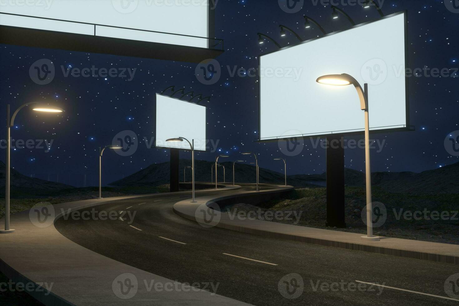 Blank advertising board and winding road, 3d rendering photo