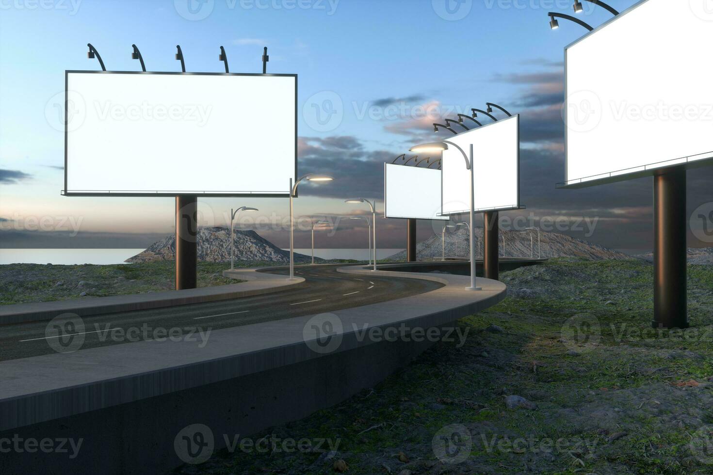 Blank advertising board and winding road, 3d rendering photo