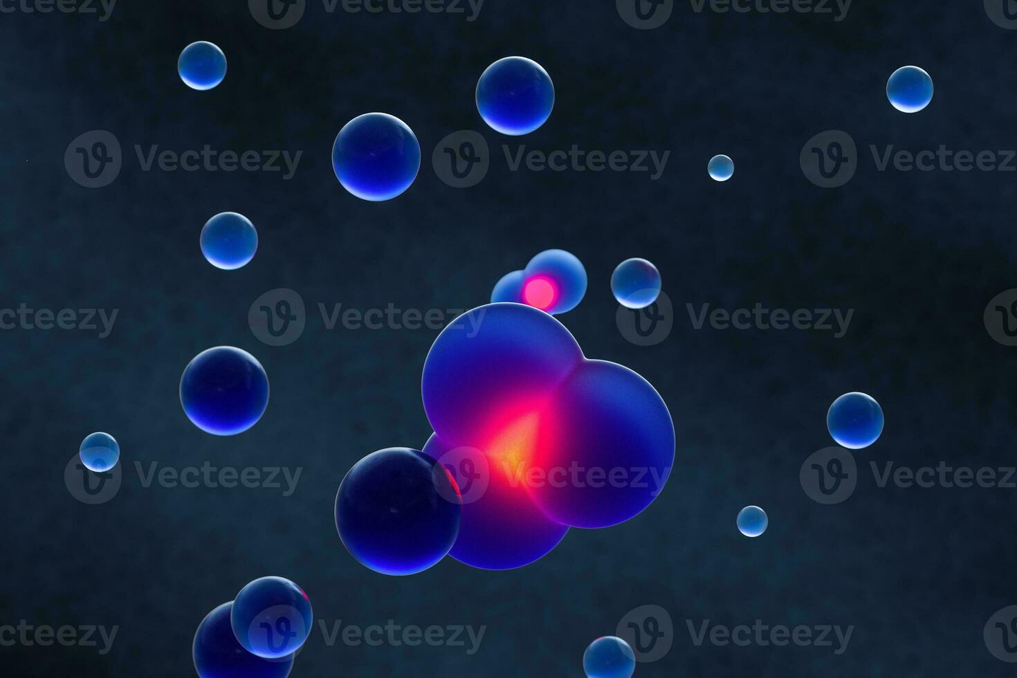 Blue spheres and molecular model, random distributed, 3d rendering. photo