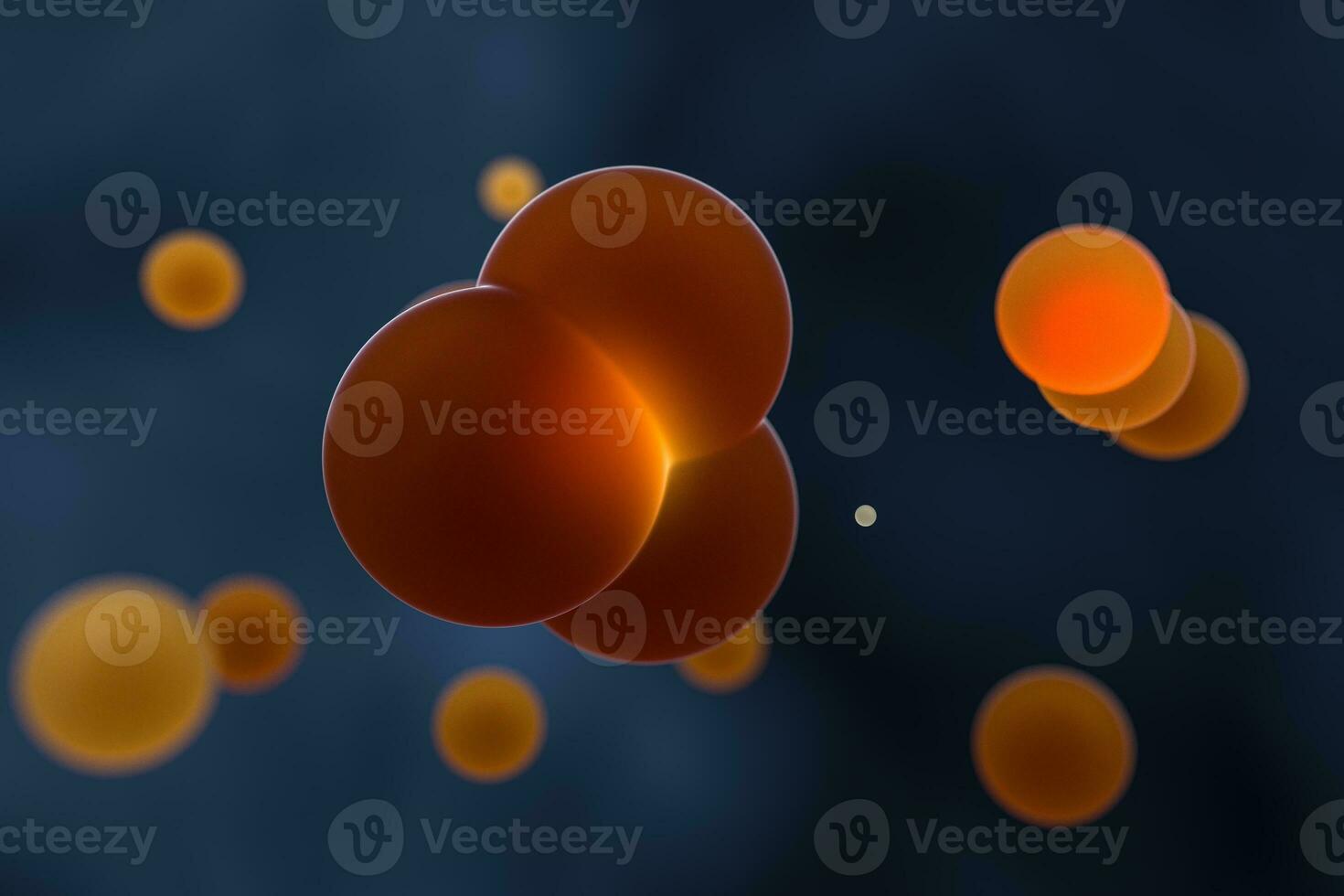 Orange spheres and molecular model, random distributed, 3d rendering. photo