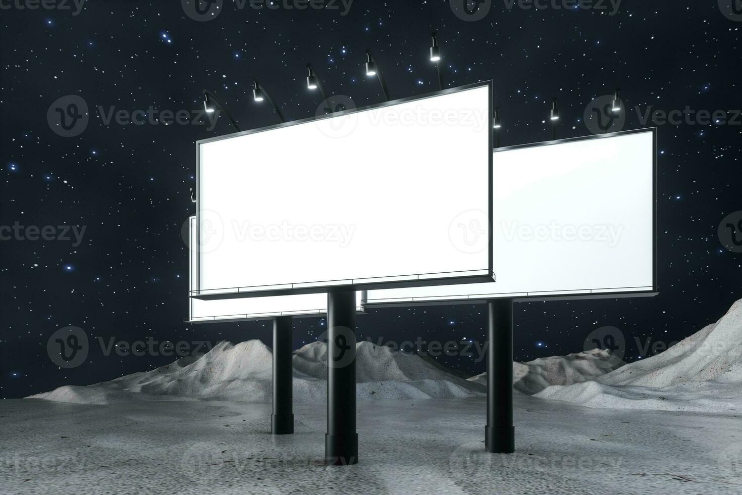 3d representación, blanco publicidad tablero en el noche escena foto
