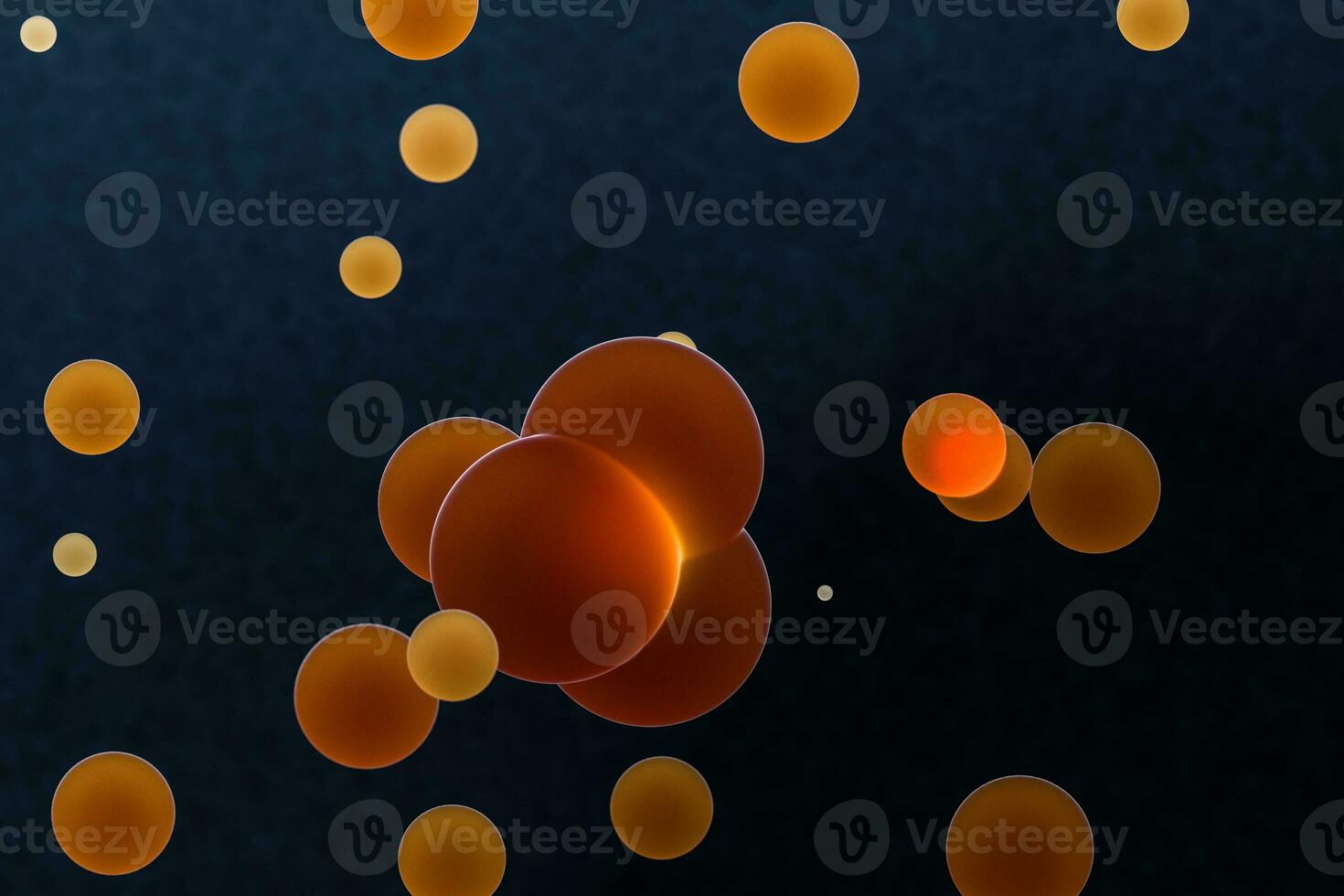 Orange spheres and molecular model, random distributed, 3d rendering. photo