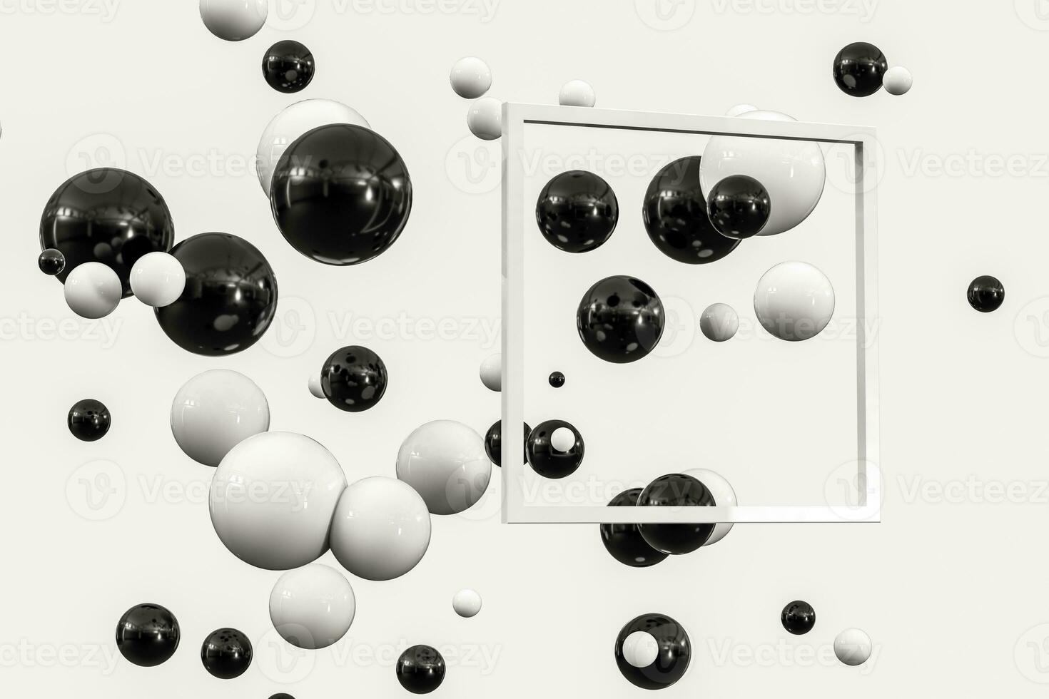 3d rendering, black and white balls with frame in the middle. photo