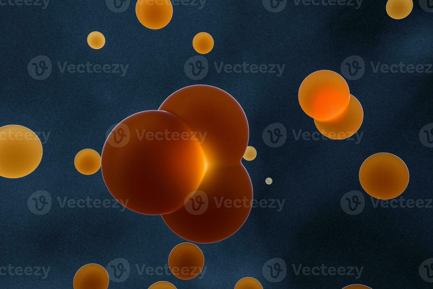 Orange spheres and molecular model, random distributed, 3d rendering. photo