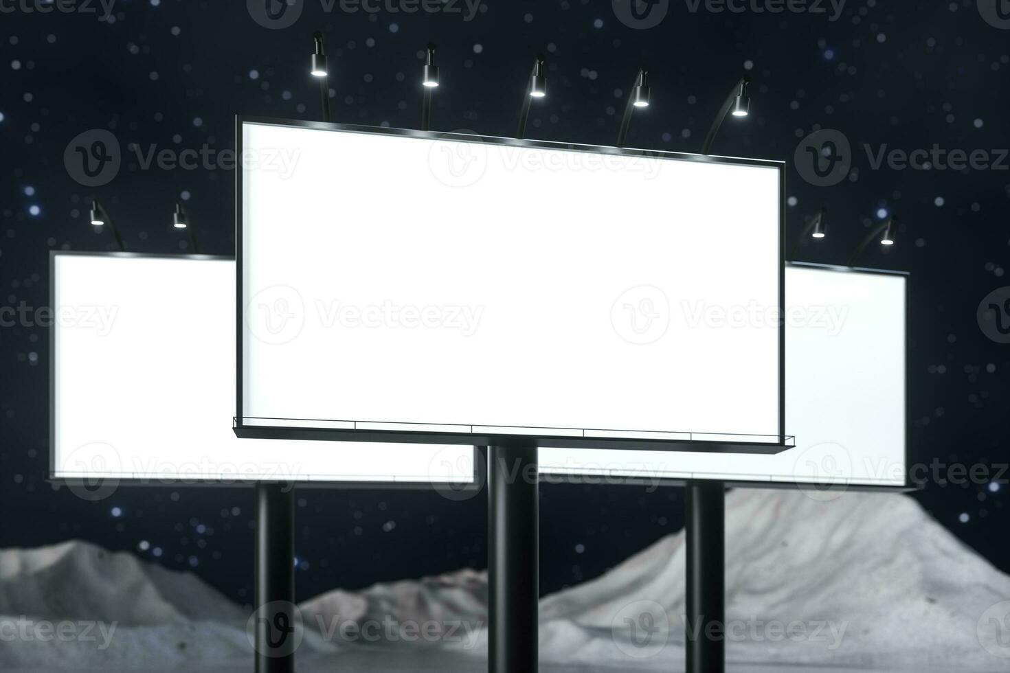 3d representación, blanco publicidad tablero en el noche escena foto