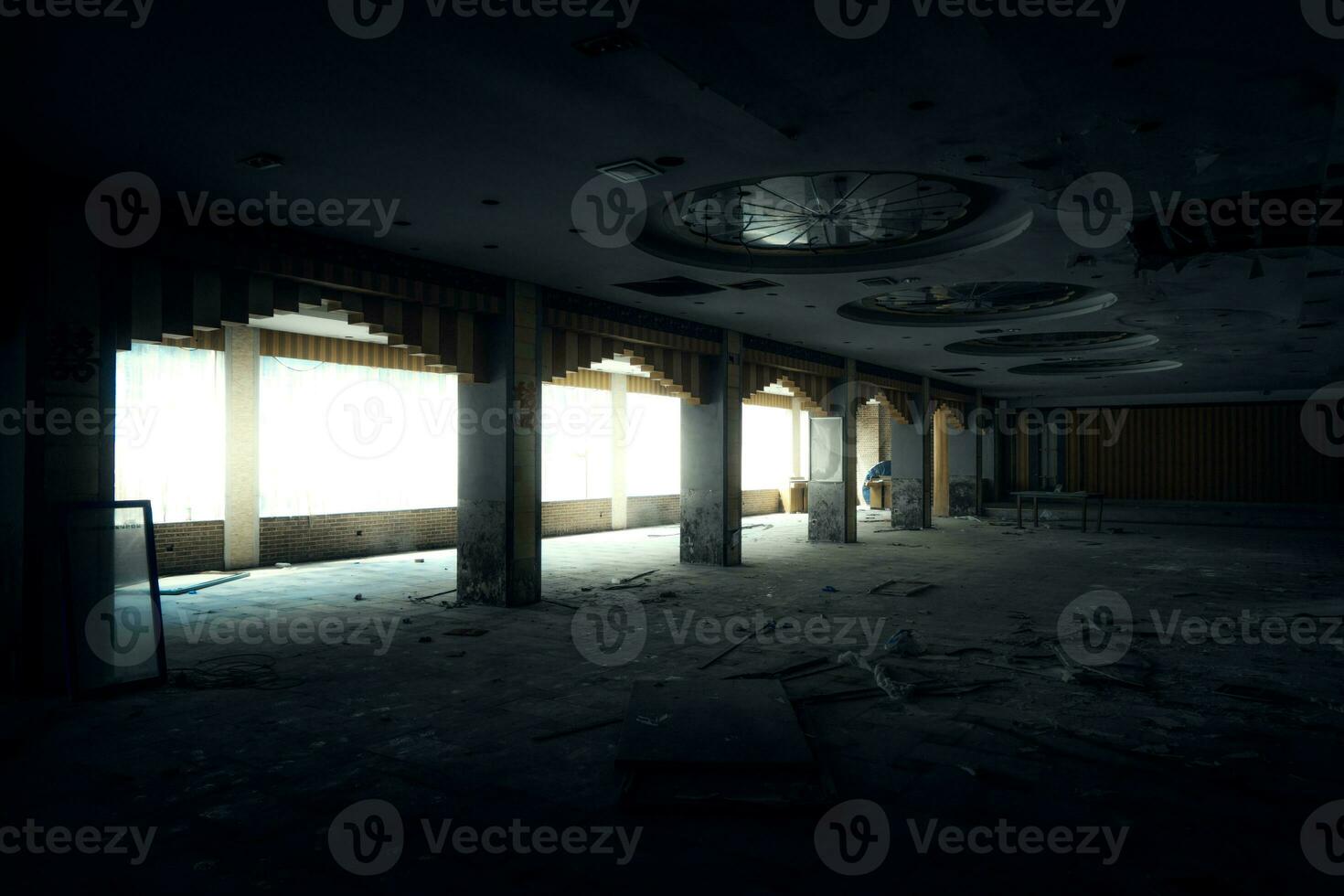 The abandoned industrial building. Fantasy interior scene. photo