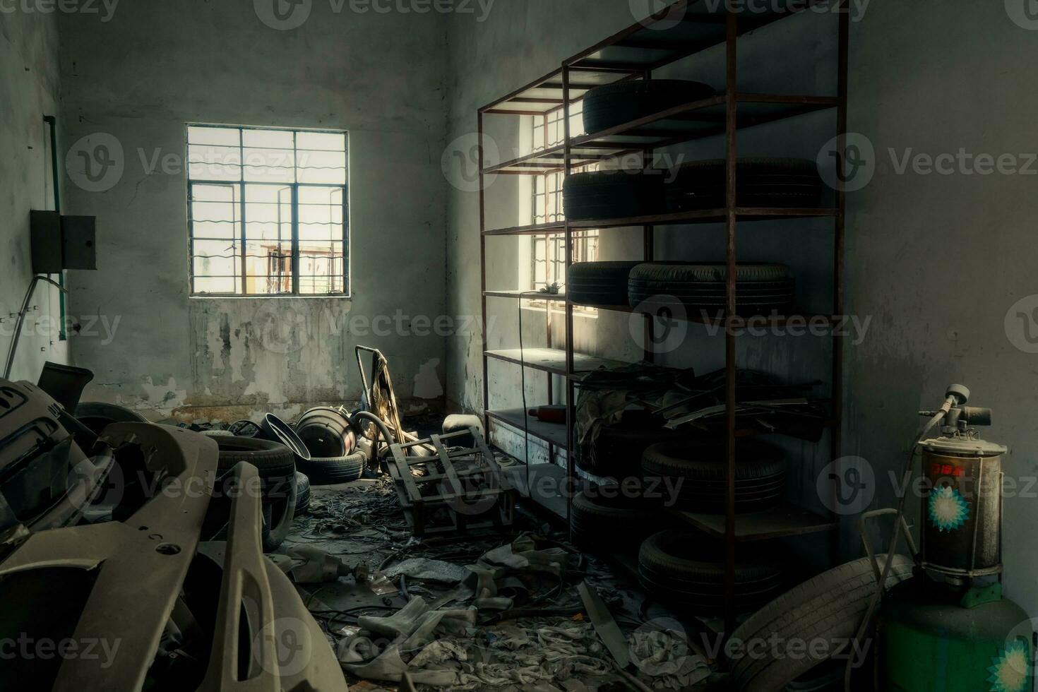 The abandoned industrial building. Fantasy interior scene. photo