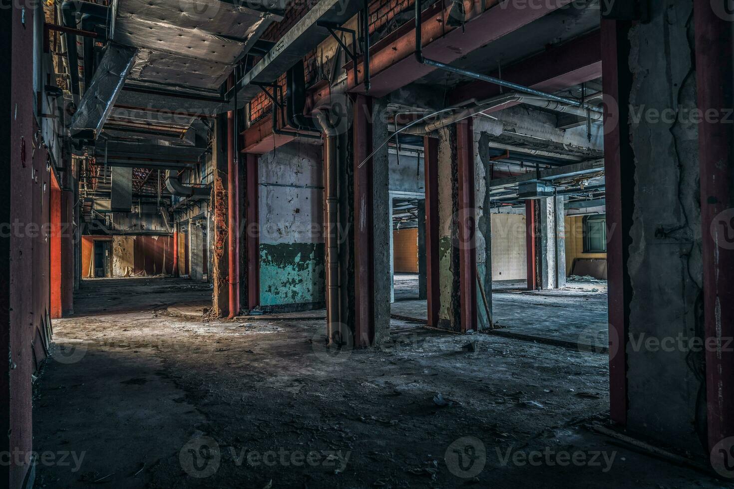 The abandoned industrial building. Fantasy interior scene. photo