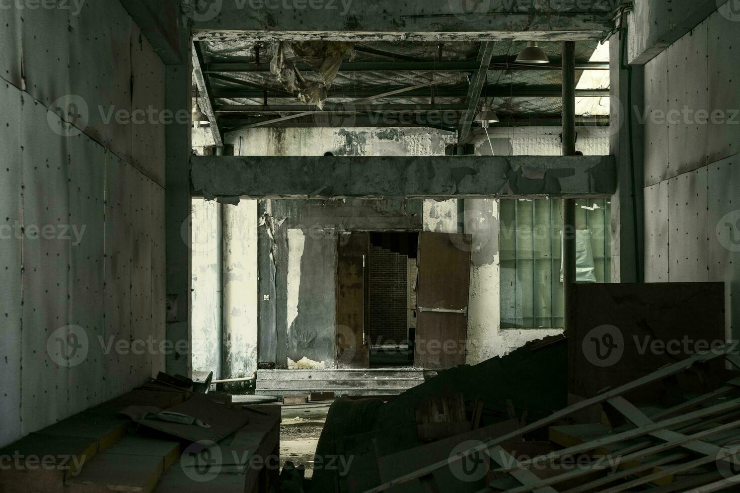 The abandoned industrial building. Fantasy interior scene. photo