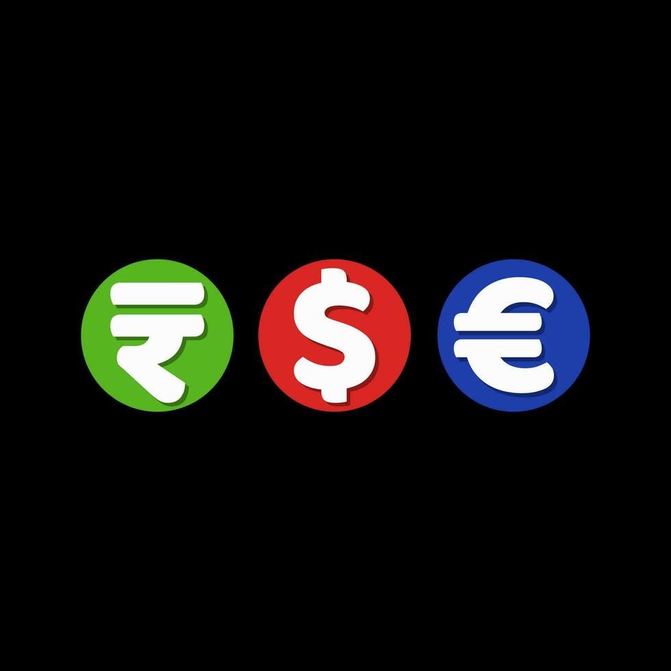 Rupees, dollar and Euro sign on black background. vector