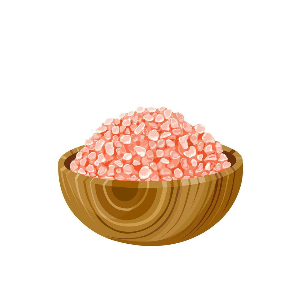 Vector illustration, Himalayan pink salt in a wooden bowl, isolated on white background.