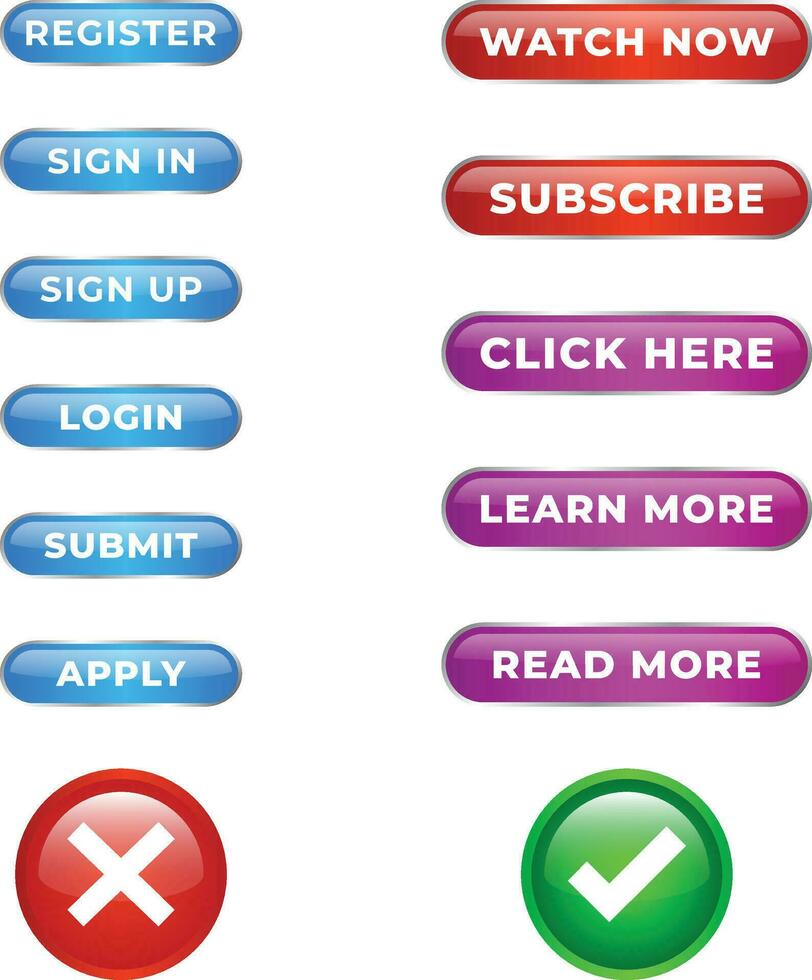 Glossy Web Button Design for Register, Sign in, Sign up, Login, Submit, Apply, Watch now, Subscribe, Click here, Learn more, Read more, Cross and Tick vector