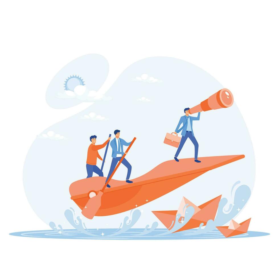 Leadership and teamwork concept, Businessman Leader looking through a telescope by two business people stands behind him,  flat vector modern illustration