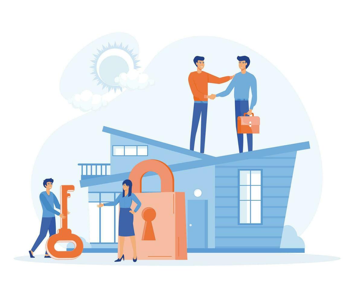 comprando un casa, proteccion y seguridad, real inmuebles y llavero alquiler, plano vector moderno ilustración