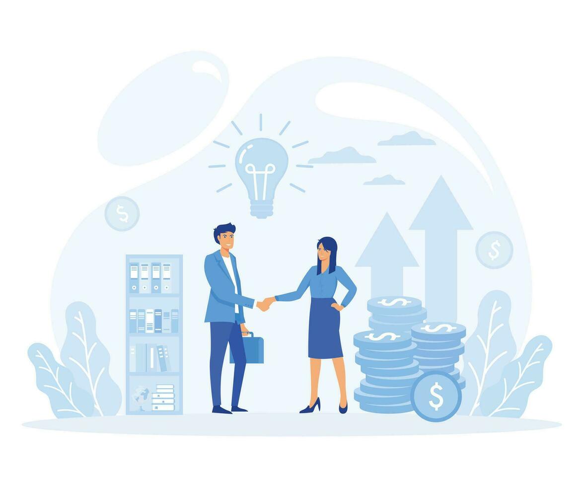 Partnership, venture investment concept. Businessmen shake hands making financial deal with woman. flat vector modern illustration