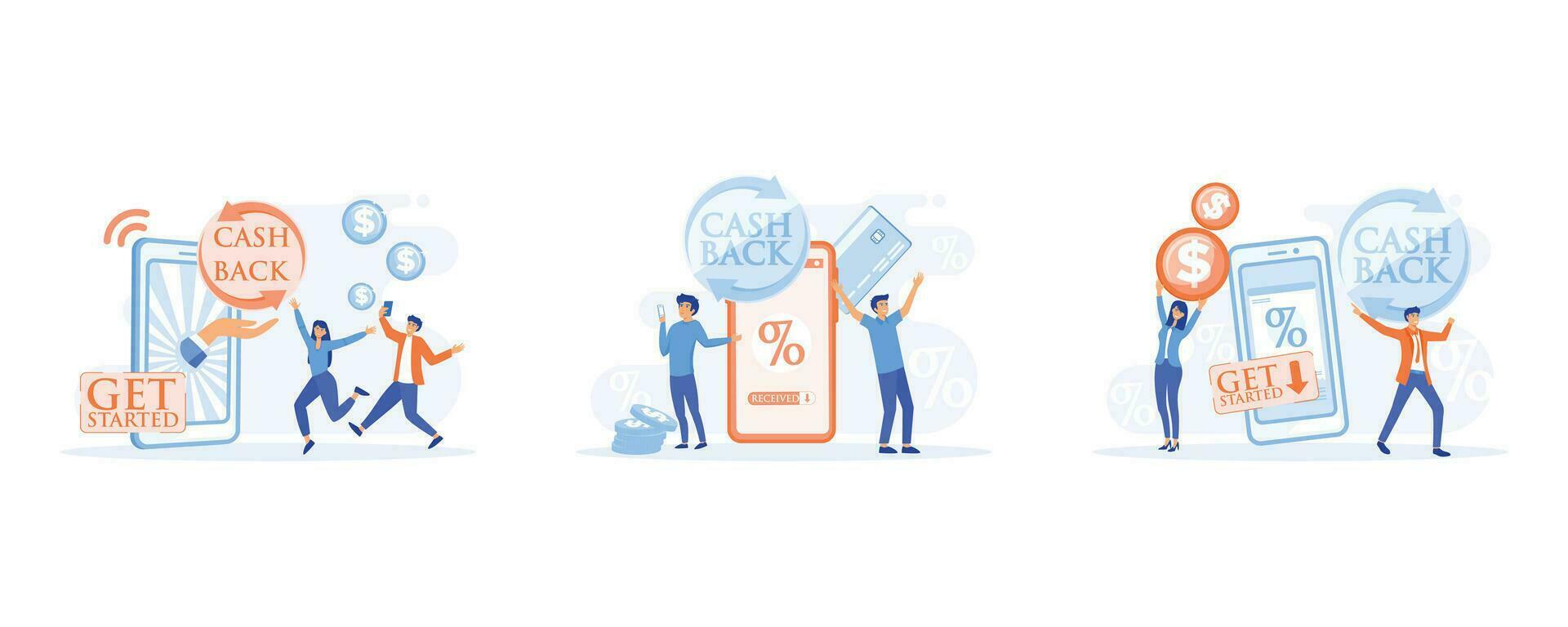 Online cash back or money refund concept. Online banking, Saving money, get vouchers and discounts, reward program, set flat vector modern illustration