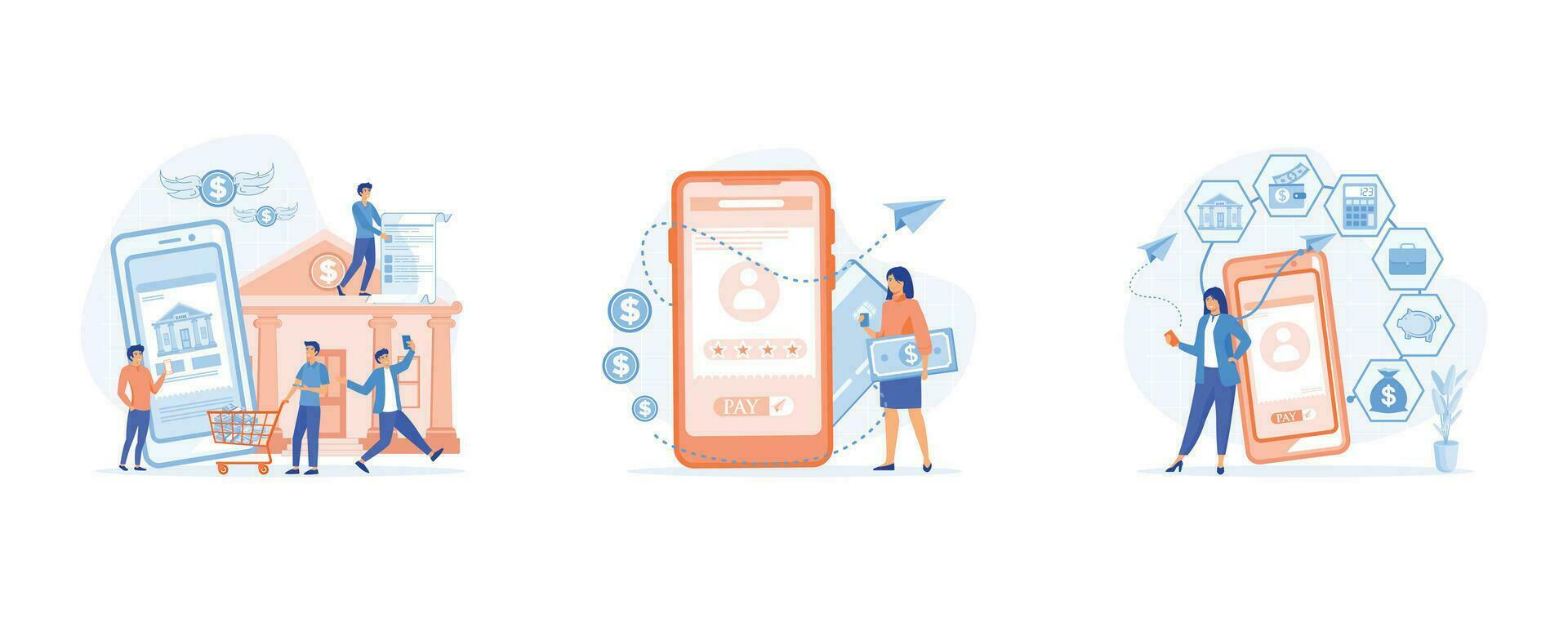 Digital bank service, Mobile banking and finance management. Internet banking pay bills online,  online purchasing and transaction, set flat vector modern illustration