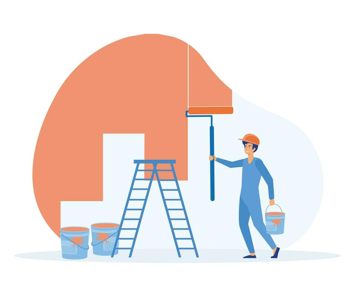 Home renovation and repairing concept. worker standing backwards painting wall in new apartment. flat vector modern illustration