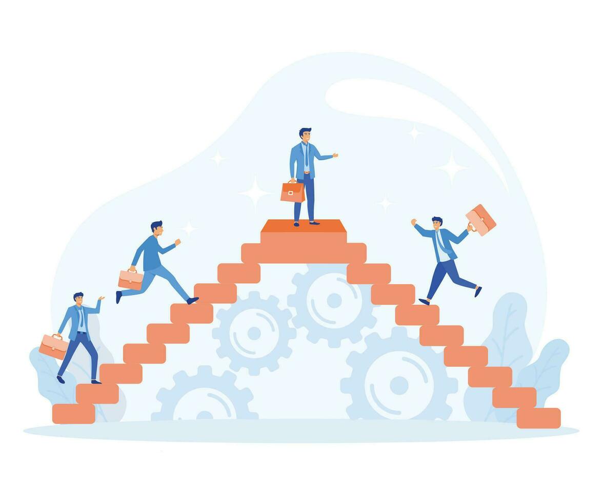 Man on the top of the staircase, successful leadership, businessman reach the goal, flat vector modern illustration