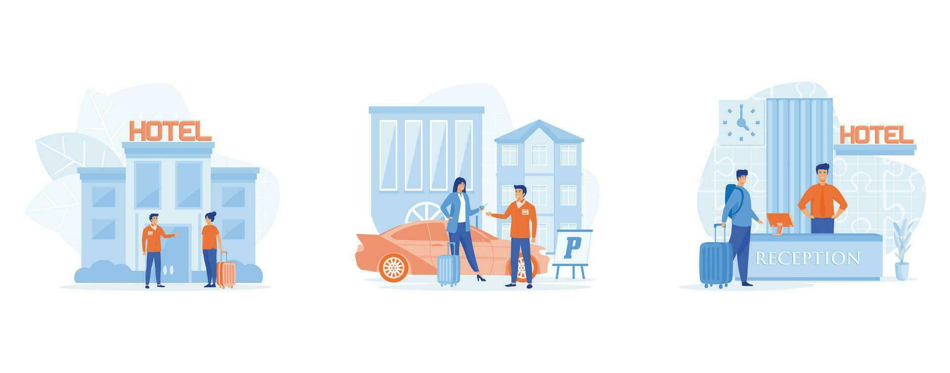 Hotel service, Smiling doorman welcoming guest, valet parking worker gets keys from clients car, receptionist provide information to people, set flat vector modern illustration