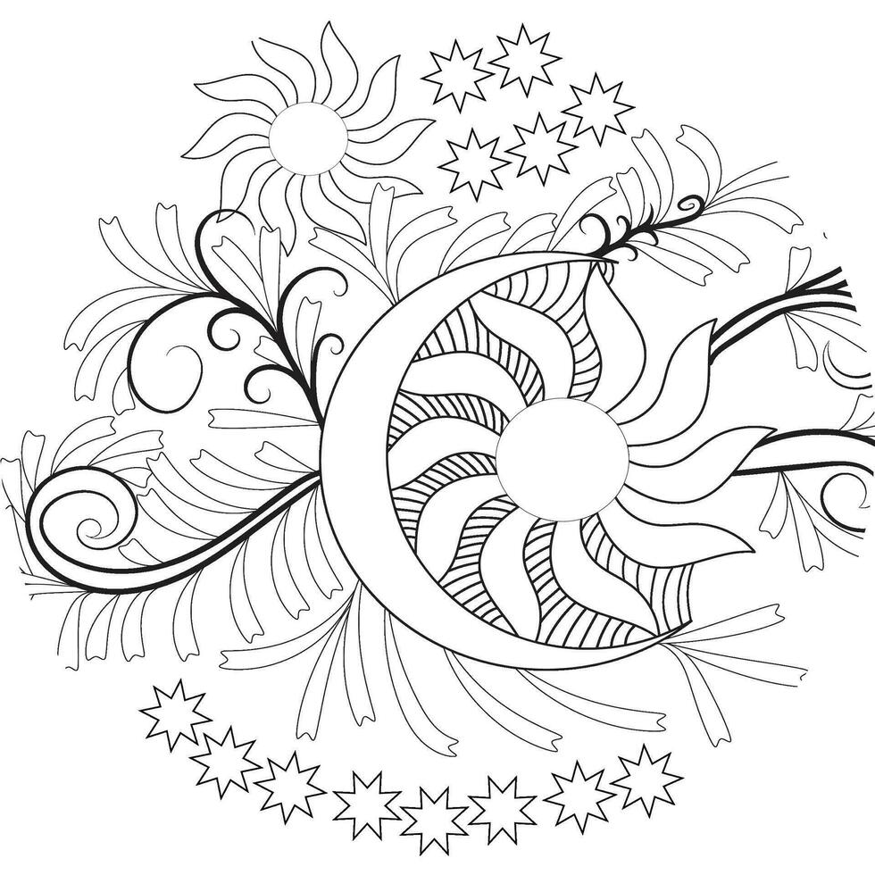 Adult Coloring Pages moon sun star and flower 27879475 Vector Art at