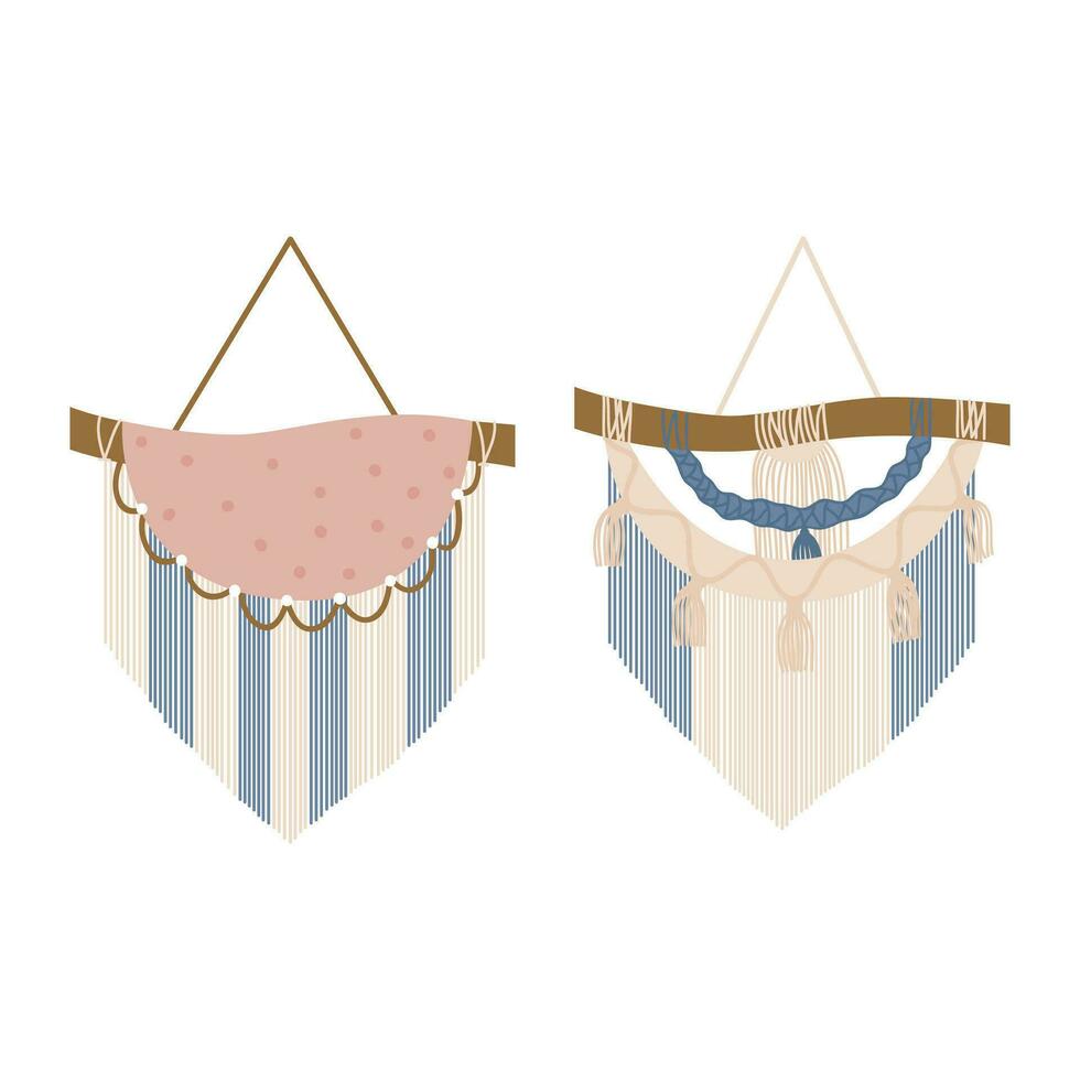 Handmade Macrame Wall Hanging Design Illustration. Macrame Wall Hangings Of Elegant Handmade Home Decoration Made Of Cotton Cord Isolated In White vector