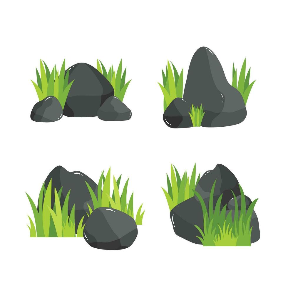 Rock Stone Cartoon Illustration Isolated In White. Grass Rock Cartoon Illustration vector