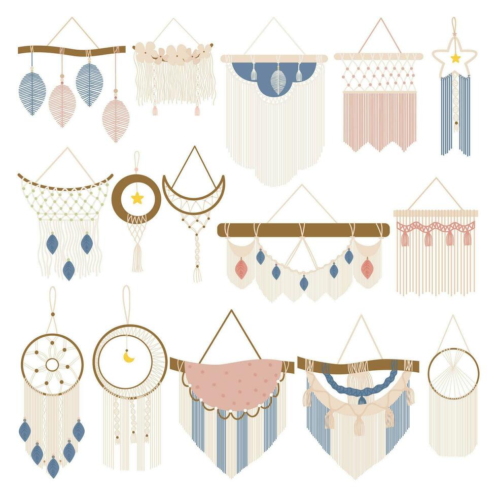 Handmade Macrame Wall Hanging Design Illustration. Macrame Wall Hangings Of Elegant Handmade Home Decoration Made Of Cotton Cord Isolated In White vector