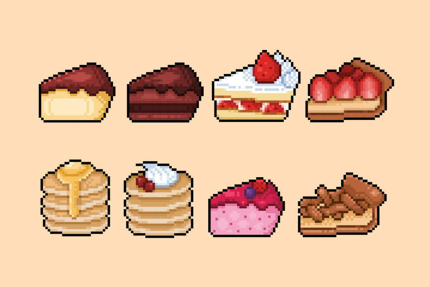 pastries food collection set in pixel art style vector