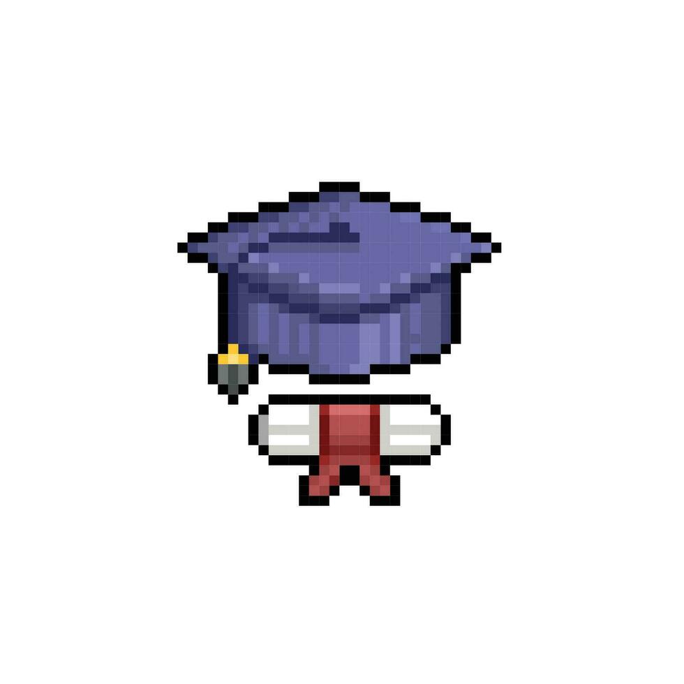 graduation cap and scroll in pixel art style vector