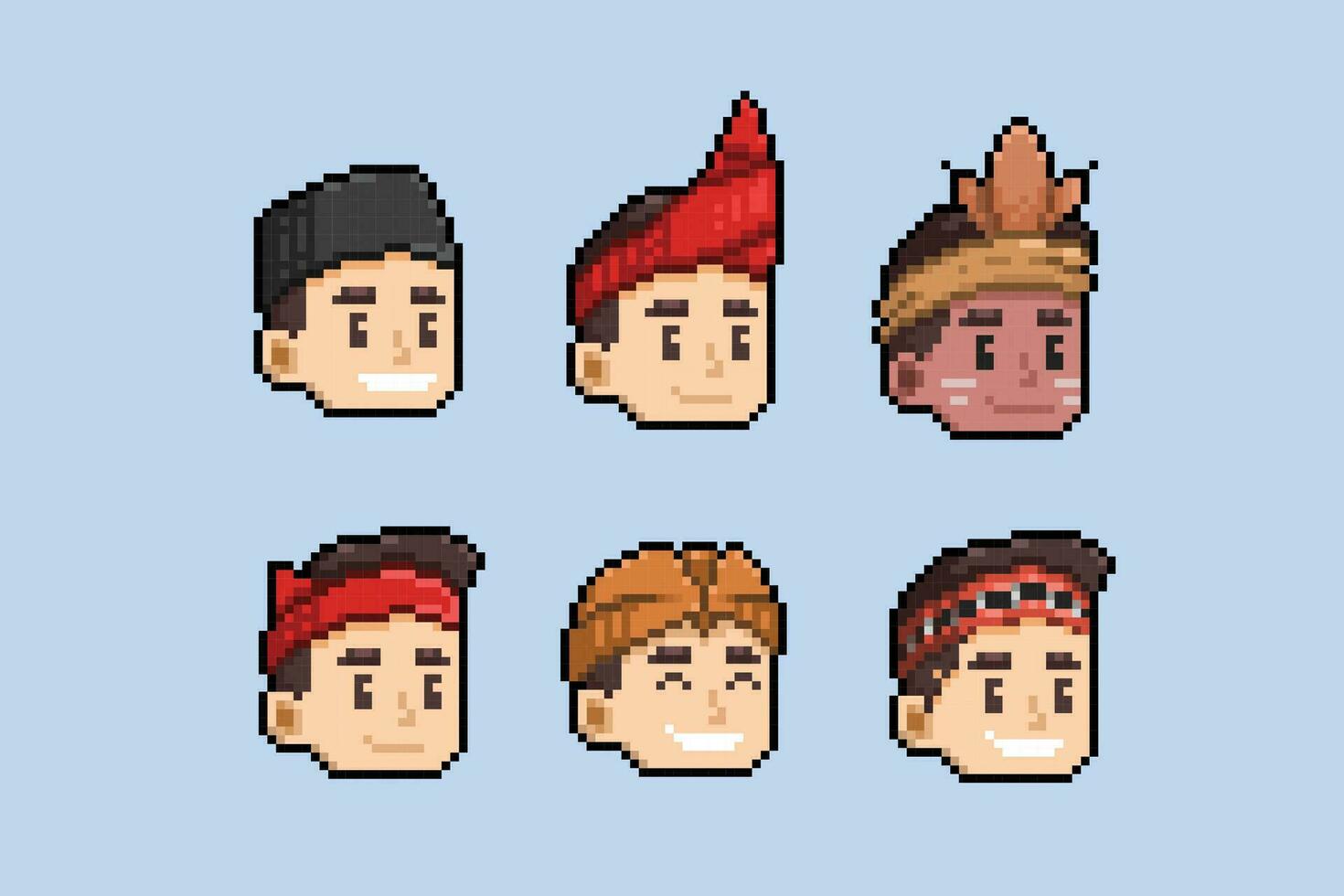 male head collection set wearing traditional head gear in pixel art style vector