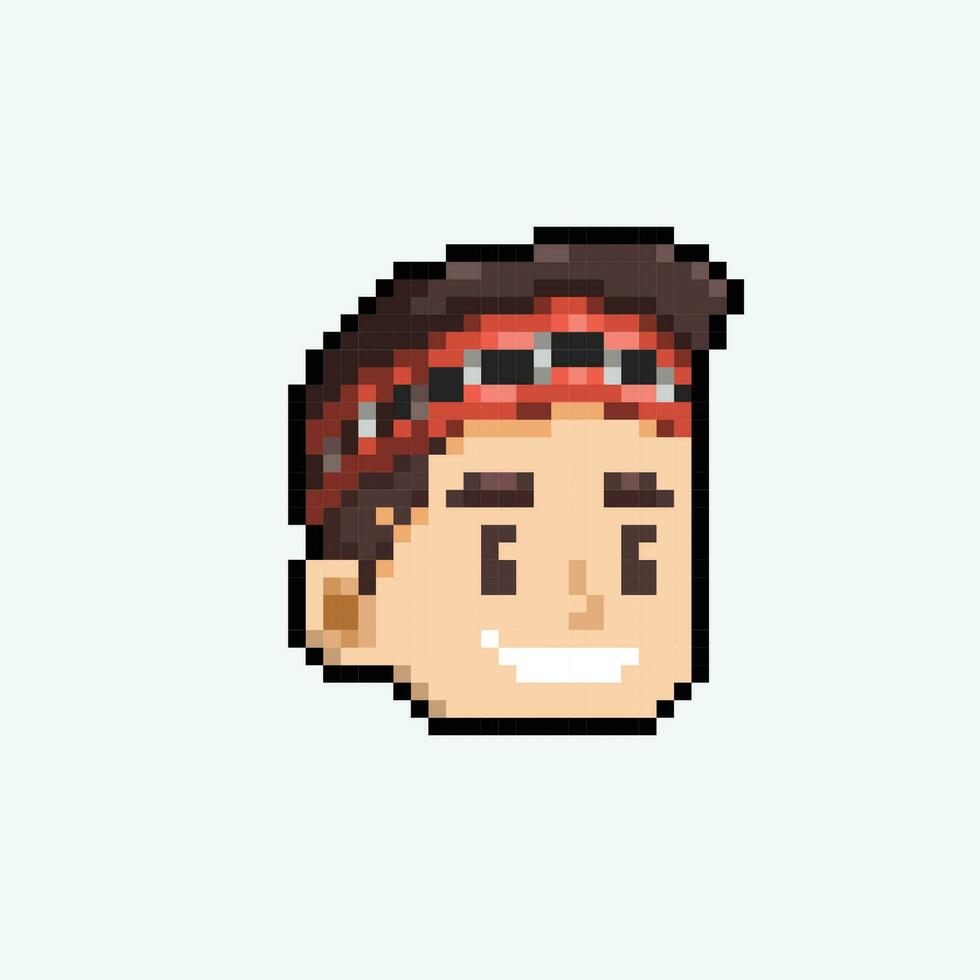 Male head wearing traditional bandana in pixel art style vector