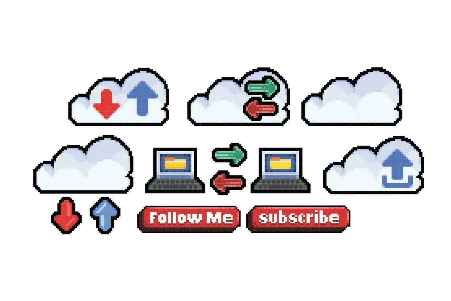 upload download cloud collection set in pixel art style vector