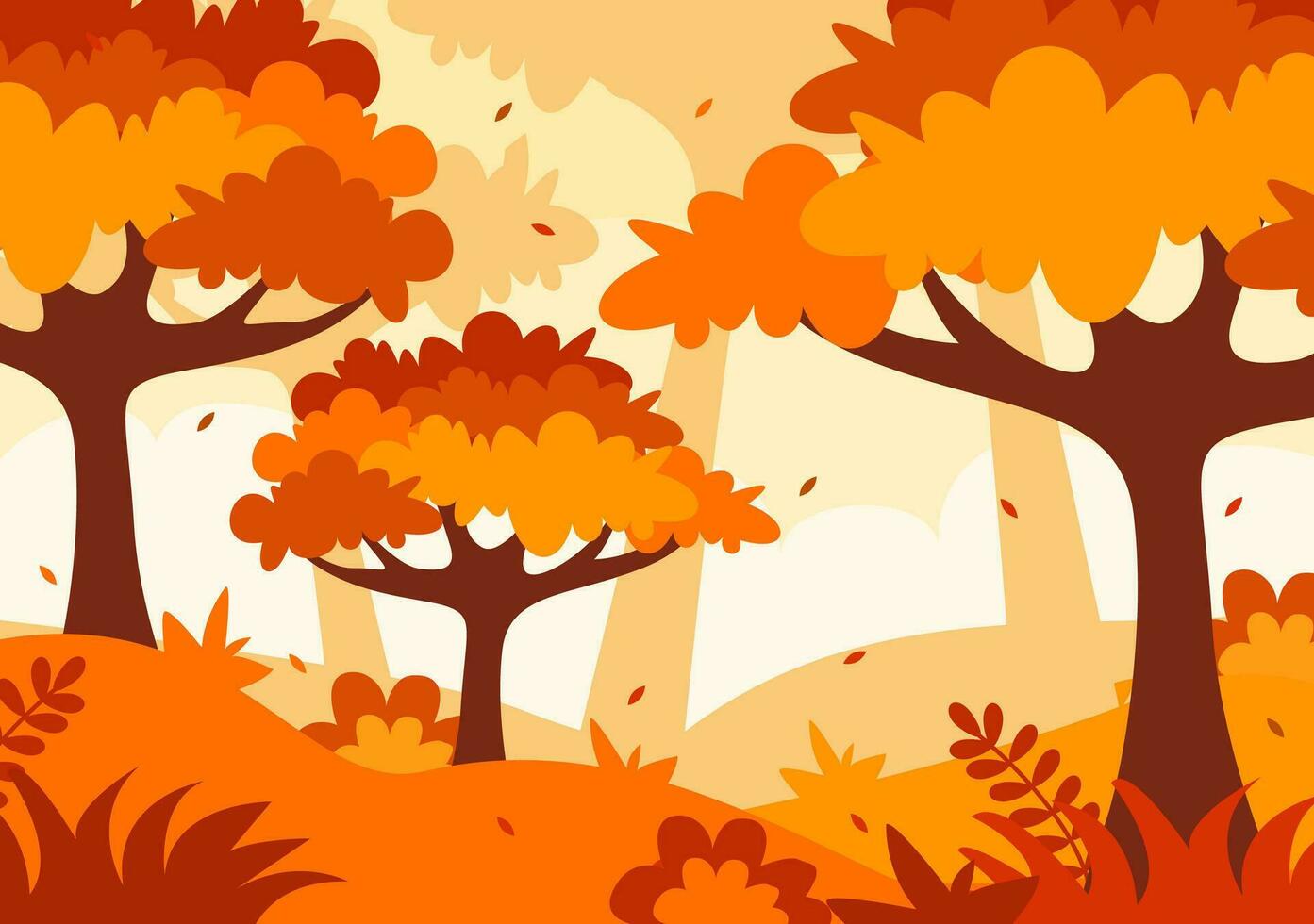 otoño paisaje antecedentes vector ilustración con montañas, campos, arboles y otoño hojas en plano dibujos animados natural temporada panorama plantillas