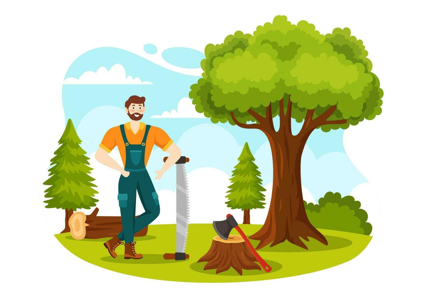 hombres el cortar madera y corte árbol con leñador trabajo equipo maquinaria o motosierra en plano dibujos animados antecedentes plantillas vector ilustración