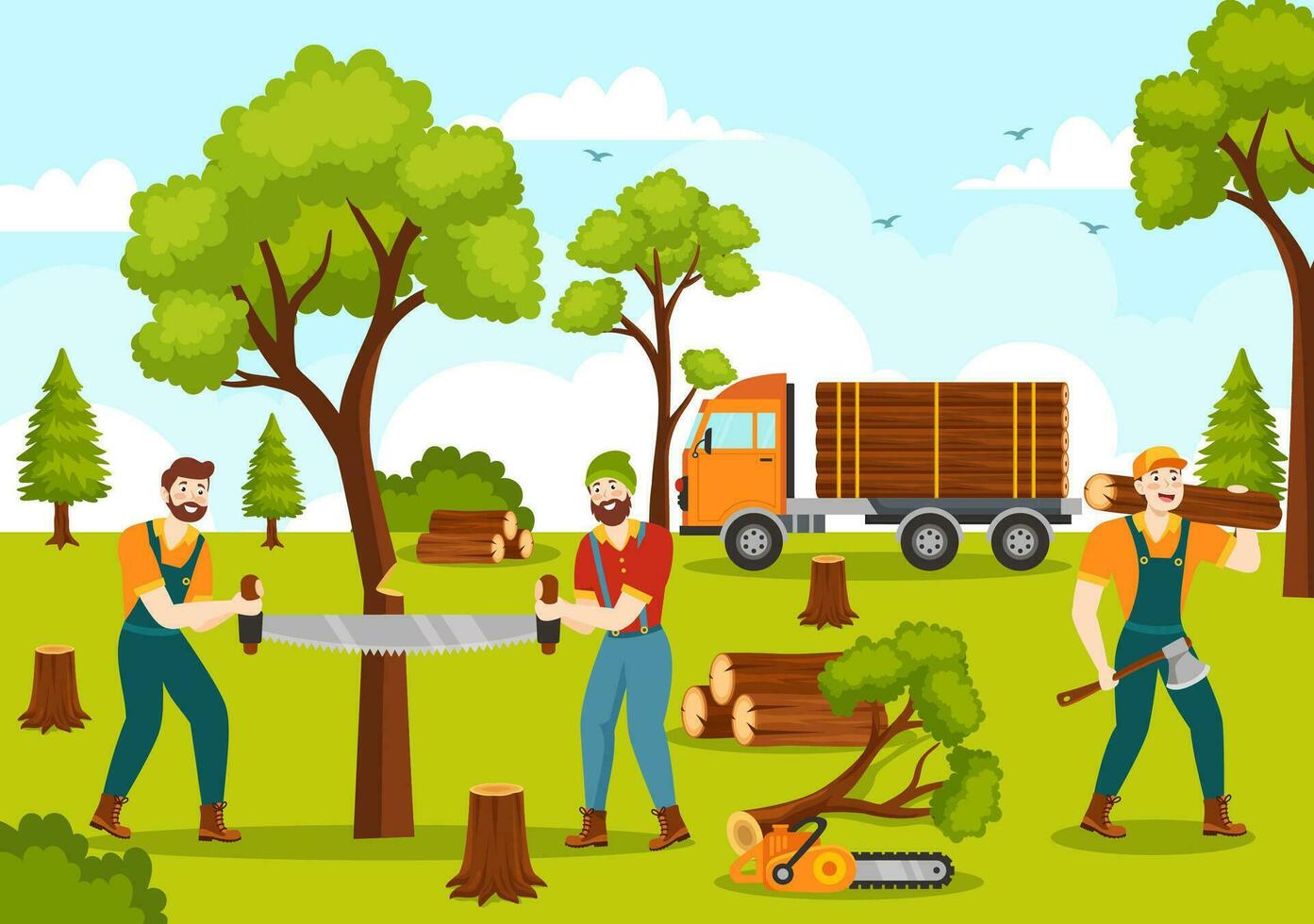 hombres el cortar madera y corte árbol con leñador trabajo equipo maquinaria o motosierra en plano dibujos animados antecedentes plantillas vector ilustración