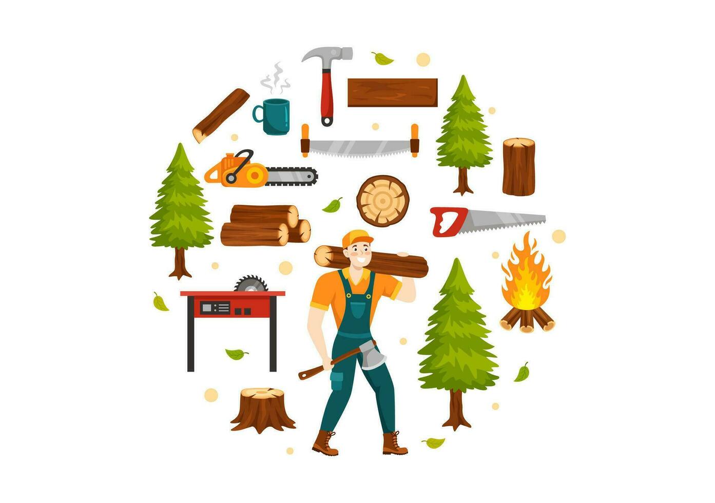 Men Chopping Wood and Cutting Tree with Lumberjack Work Equipment Machinery or chainsaw in Flat Cartoon Background Templates Vector Illustration