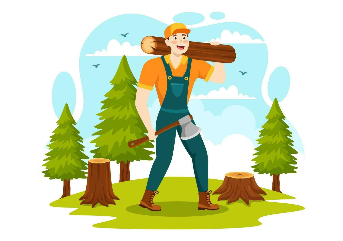 Men Chopping Wood and Cutting Tree with Lumberjack Work Equipment Machinery or chainsaw in Flat Cartoon Background Templates Vector Illustration