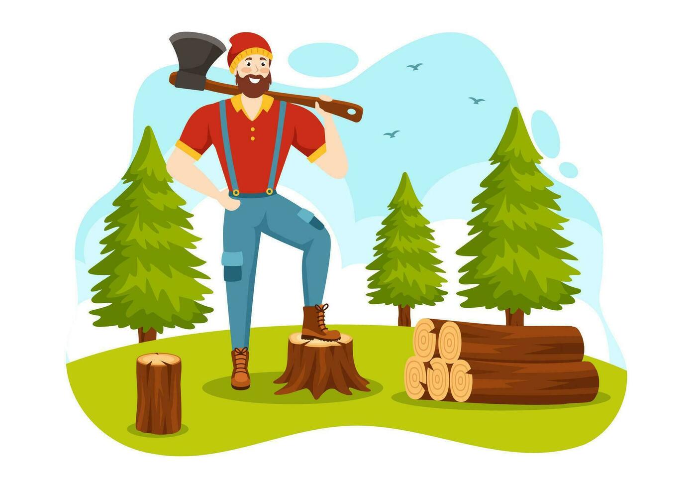 hombres el cortar madera y corte árbol con leñador trabajo equipo maquinaria o motosierra en plano dibujos animados antecedentes plantillas vector ilustración