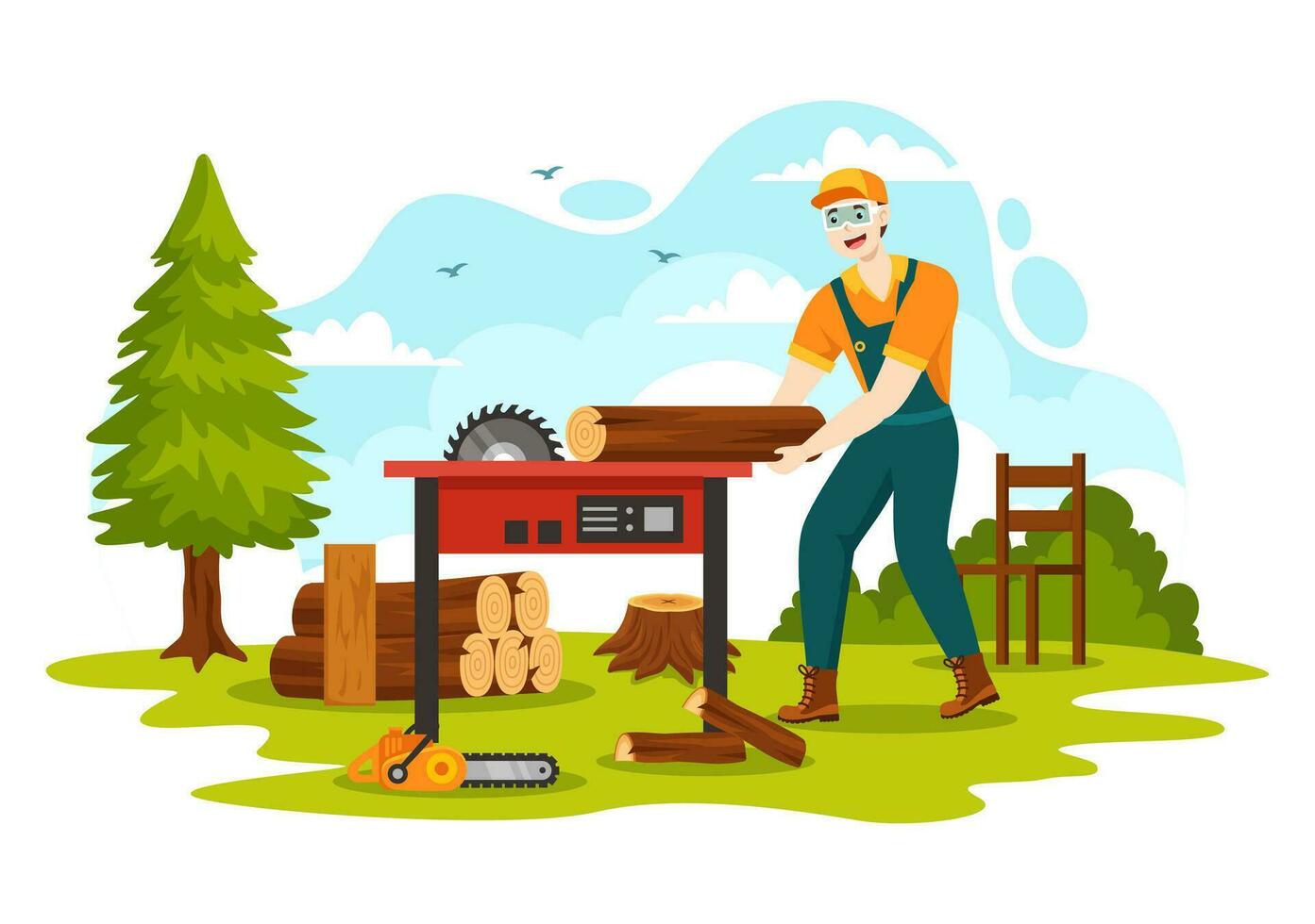 Men Chopping Wood and Cutting Tree with Lumberjack Work Equipment Machinery or chainsaw in Flat Cartoon Background Templates Vector Illustration