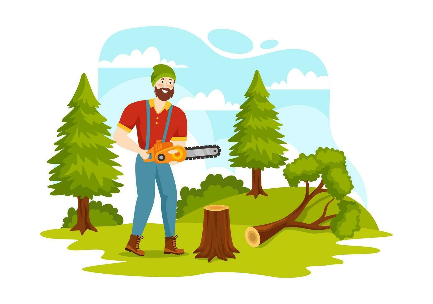 hombres el cortar madera y corte árbol con leñador trabajo equipo maquinaria o motosierra en plano dibujos animados antecedentes plantillas vector ilustración