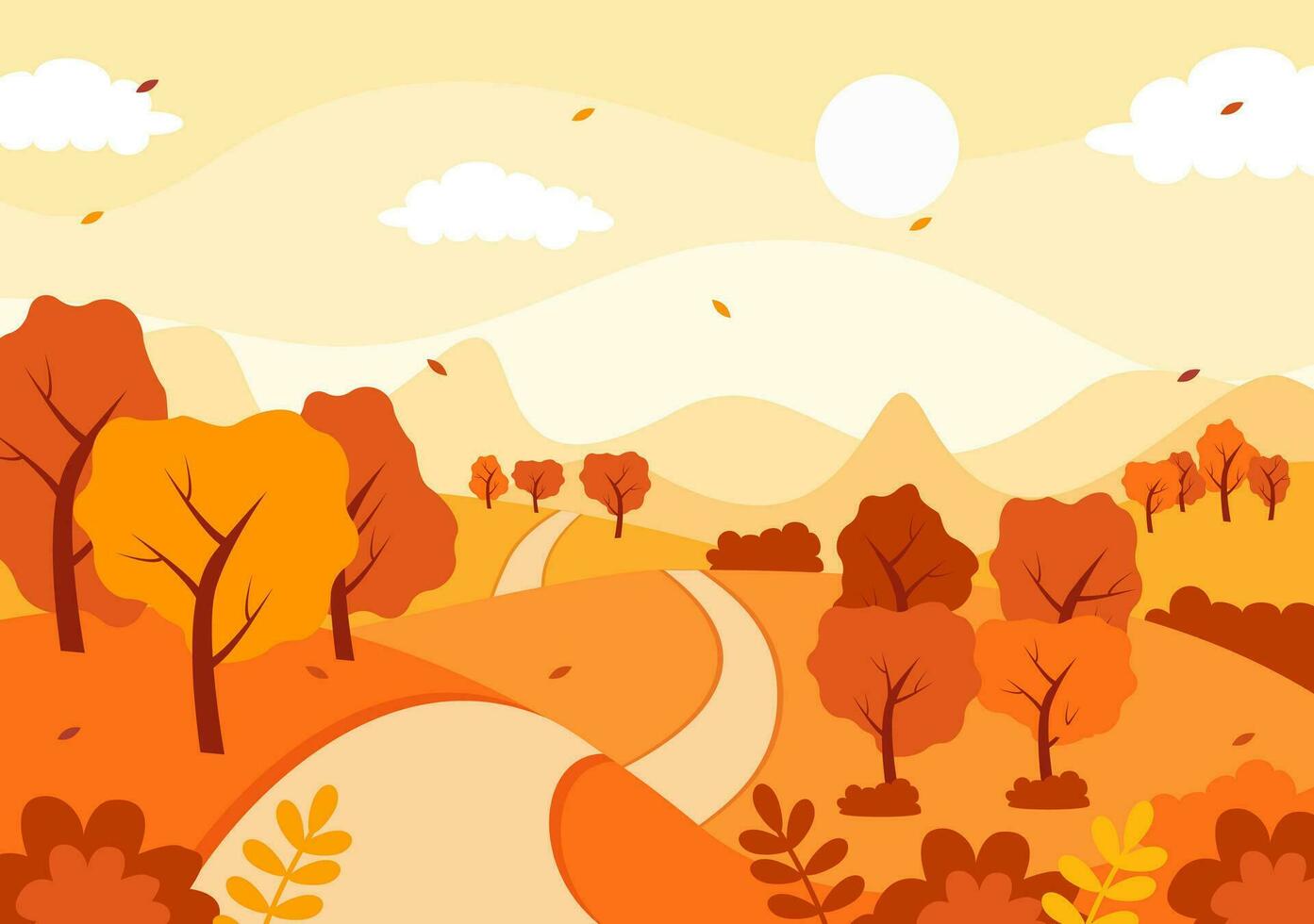 Autumn Landscape Background Vector Illustration with Mountains, Fields, Trees and Fall Leaves in Flat Cartoon Natural Season Panorama Templates